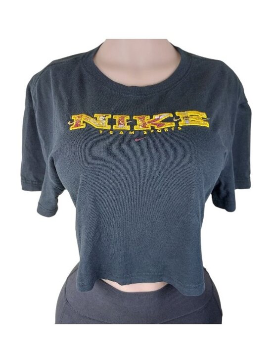 Nike Tops - Nike Women's Black Flame Logo Crew Neck Short Sleeve Crop Top Size L